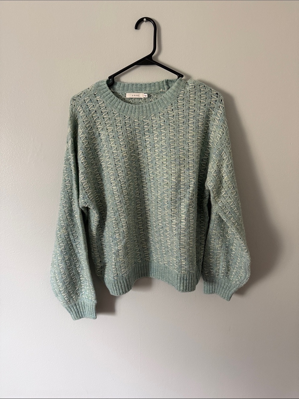 Lush Light Blue/Green Open-Stitch Crewneck Sweatere